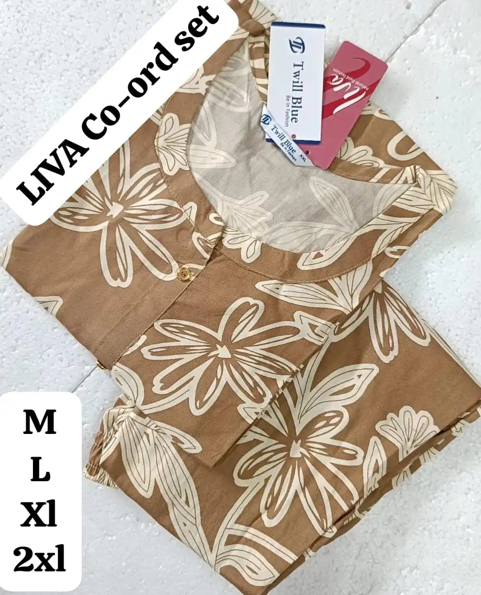 Brown-WhiteFloral-Coord-Sets-Rayon-Liva-Kurti-TW34