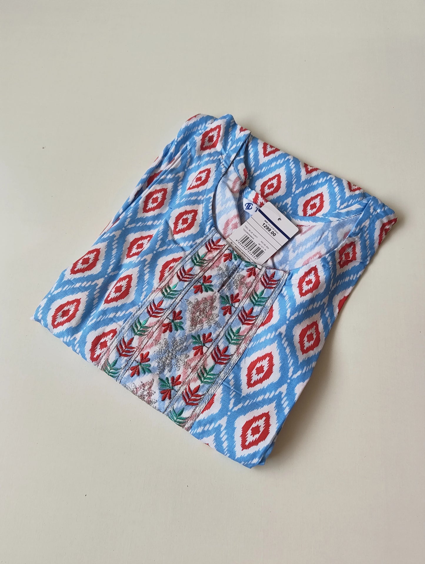 Embroidery Liva Kurti White Blue EKTB04